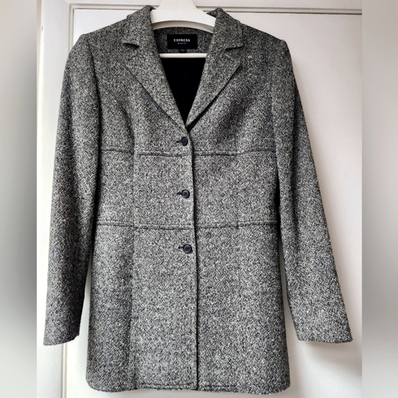 Express Vintage Stretch Black Grey White Tweed Wool Blend Blazer Jacket Size 3/4 - Picture 2 of 13